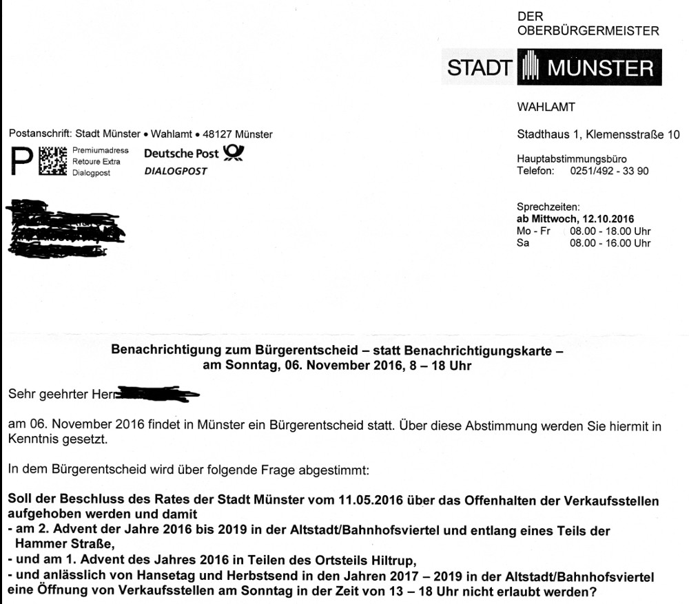 Benachrichtigung der Stadt Münster zum Bürgerentscheid über verkaufsoffene Sonntage am 6.11.2016
